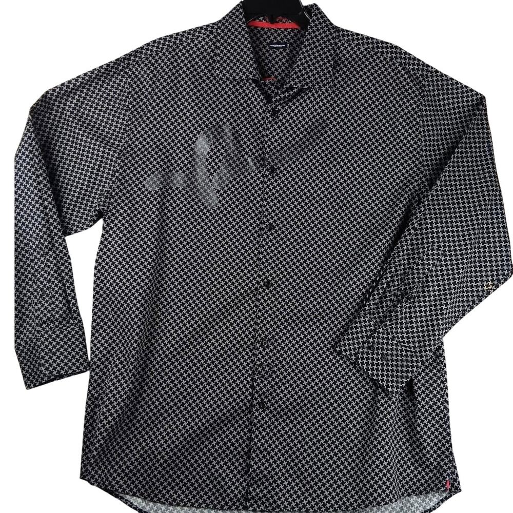Rocawear Geometric‎ Button Up Shirt Mens 2XL Black/White Tape Logo Party No Tuck
